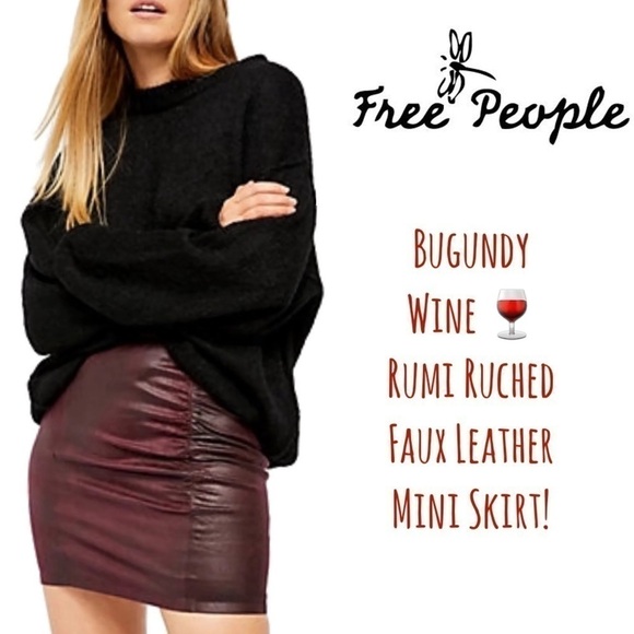 Free People Burgundy Faux Leather Ruched Skirt NWT - Picture 1 of 2